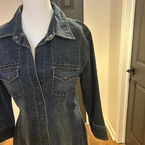 Vintage OLD NAVY Sz 12 Y2K Jean Dress Snap Front Brest Pockets Spandex Denim - Picture 1 of 8